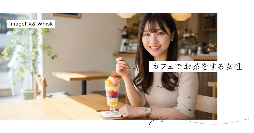 カフェでお茶をする女性【無料で使用可能なImage FX&Whisk用】