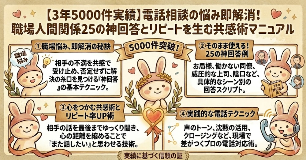 【3年5000件実績】電話相談の悩み即解消！職場人間関係25の神回答とリピートを生む共感術マニュアル