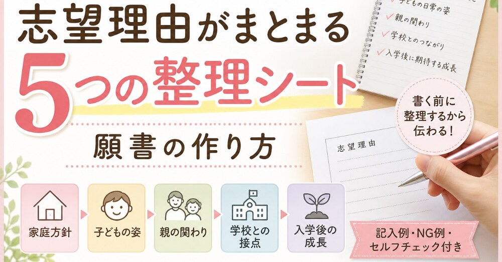 志望理由がまとまる5つの整理シート｜家庭方針・子どもの姿・学校との接点をつなぐ願書の作り方