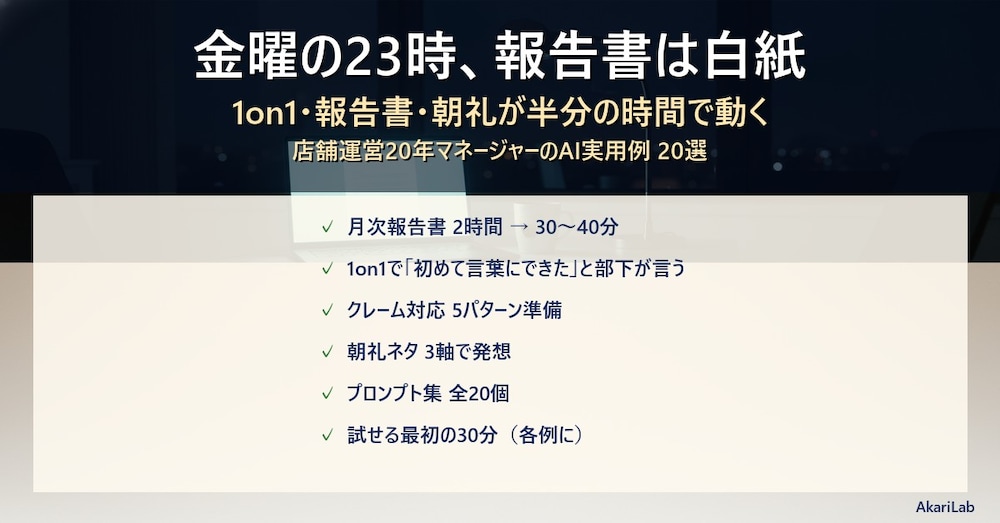 # 1on1・報告書・朝礼が半分の時間で動く 店舗運営20年マネージャーのAI実用例20選