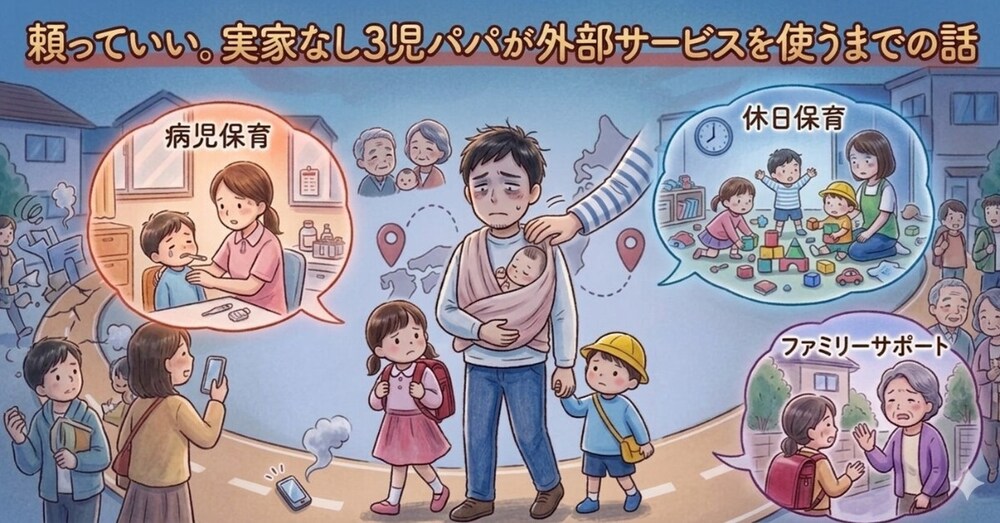 頼っていい。実家なし3児パパがワンオペ育児で外部サービスを使うまで！
【悩み・育児相談】