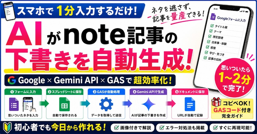 
【再現可能】Googleフォームに1分入力するだけでAIがnote記事を書く仕組みを作ってみた
