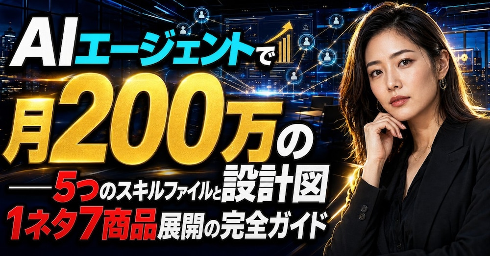 AIエージェントで月200万の設計図 ── 5つのスキルファイルと1ネタ7商品展開の完全ガイド