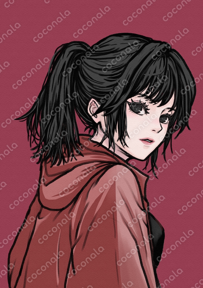アイコン　イラスト　フード付きパーカーを着た　ポニーテール　 女の子　かっこいい　一枚絵