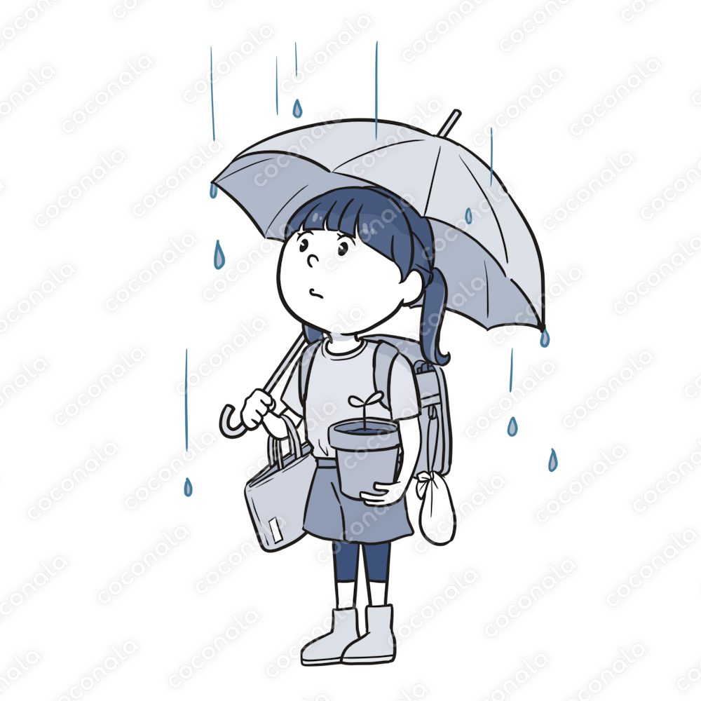 雨の日にたくさんの荷物を持つ小学生（1トーン）