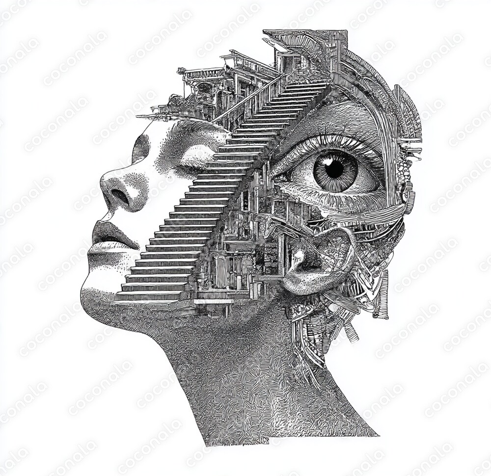 アイコンやジャケットに使える形而上絵画。「形而上の夢階段|シュルレアリスム線画アート」