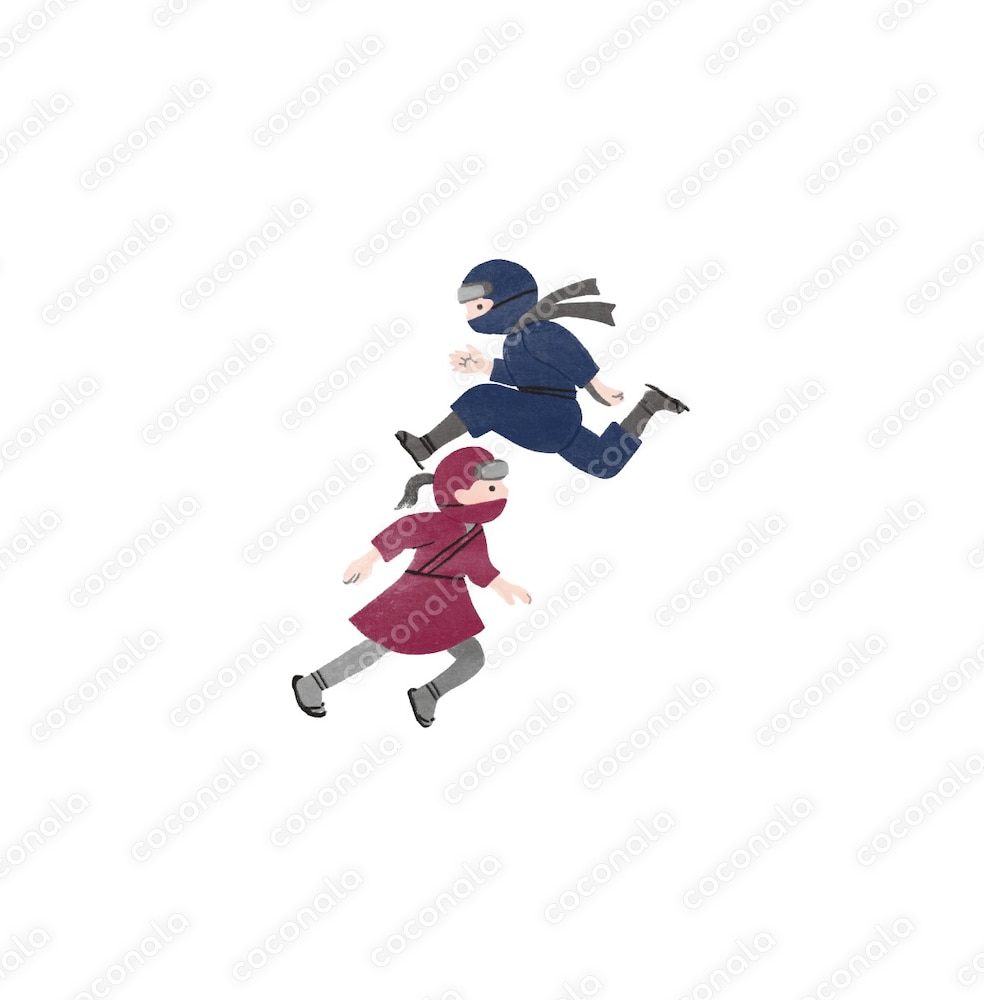 かわいい走る忍者とくのいちの水彩タッチのイラスト