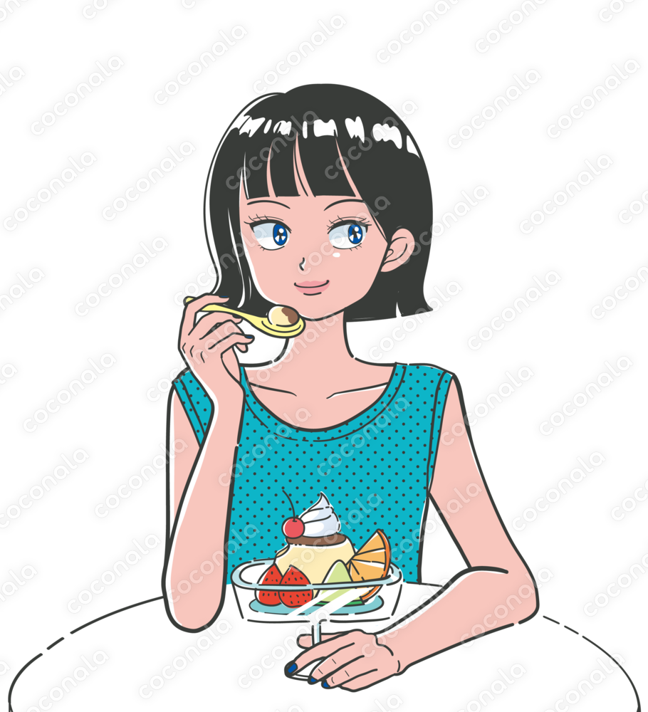 80～90年代漫画アニメ風イラスト-プリンアラモードを食べる黒髪女子-
