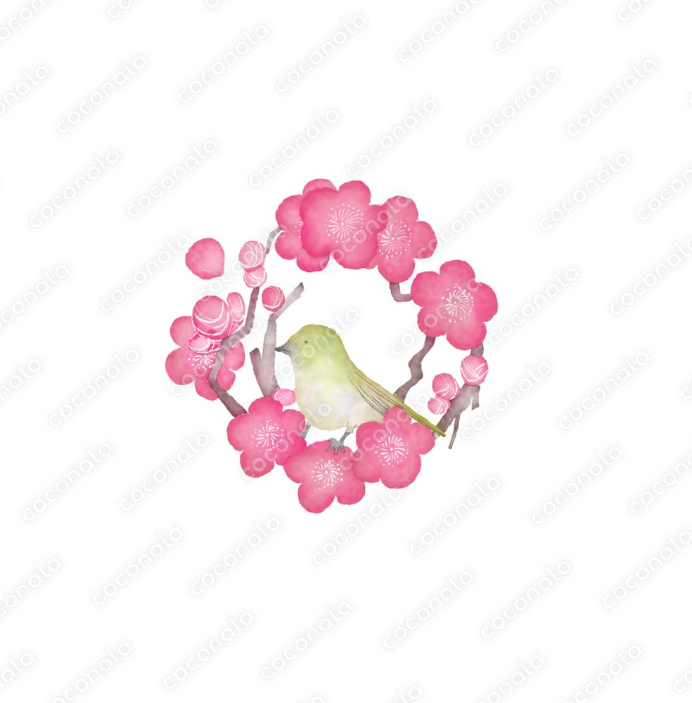 水彩タッチの梅とウグイスのイラスト