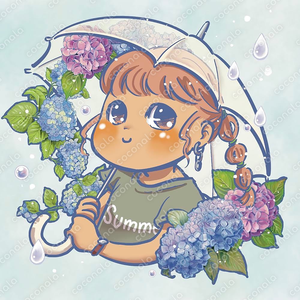 梅雨のシーズン向け！傘をさす女の子とあじさいのイラスト