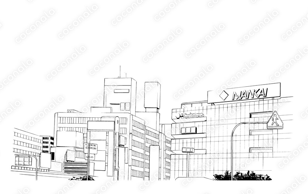 【漫画素材】駅ビルのある風景【線画】