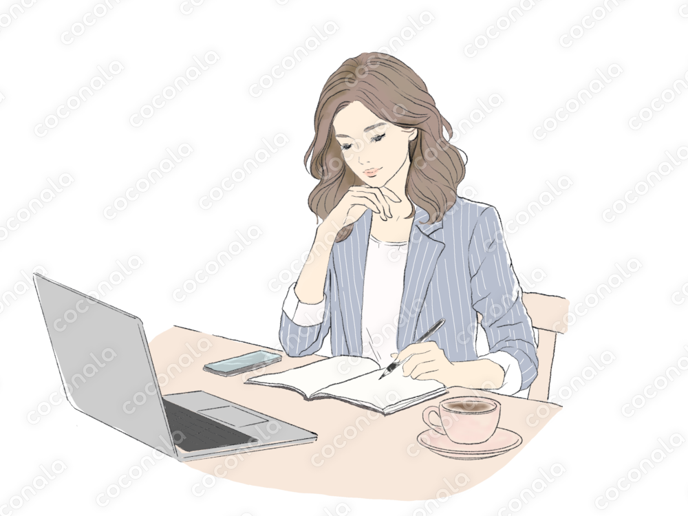 ビジネスシーンで考え事をする女性のイラスト（カジュアルオフィス）
