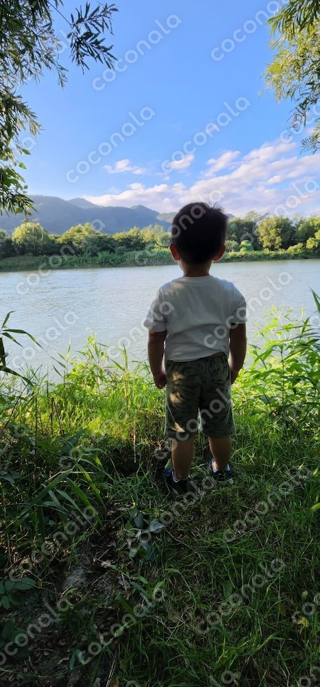 川を眺める少年