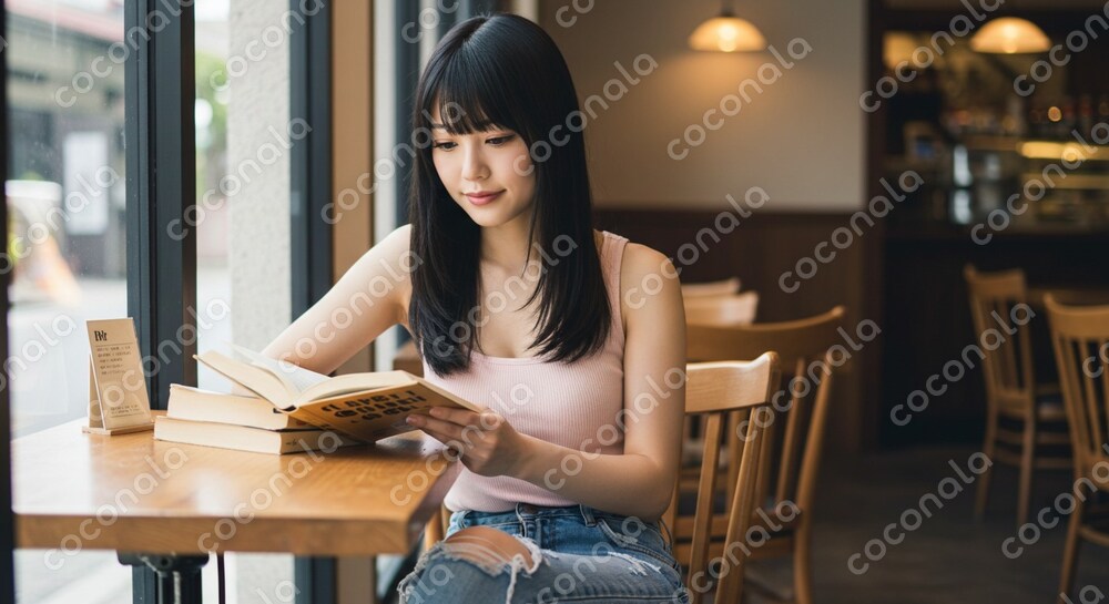 喫茶店で本を読む女性