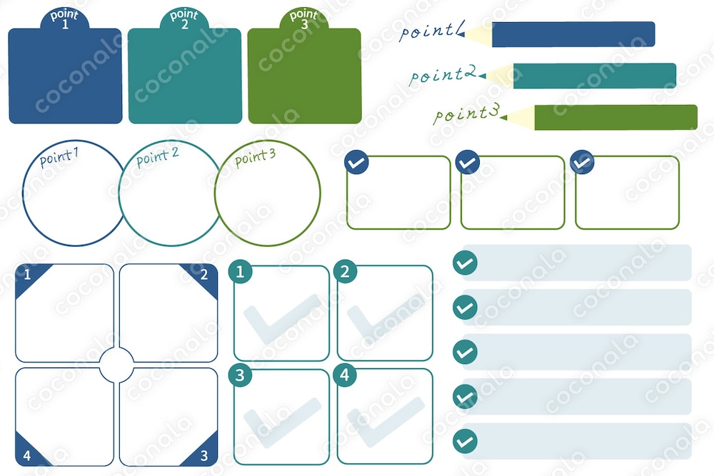 ポイントやメリット説明用の図解パーツ　グリーン系