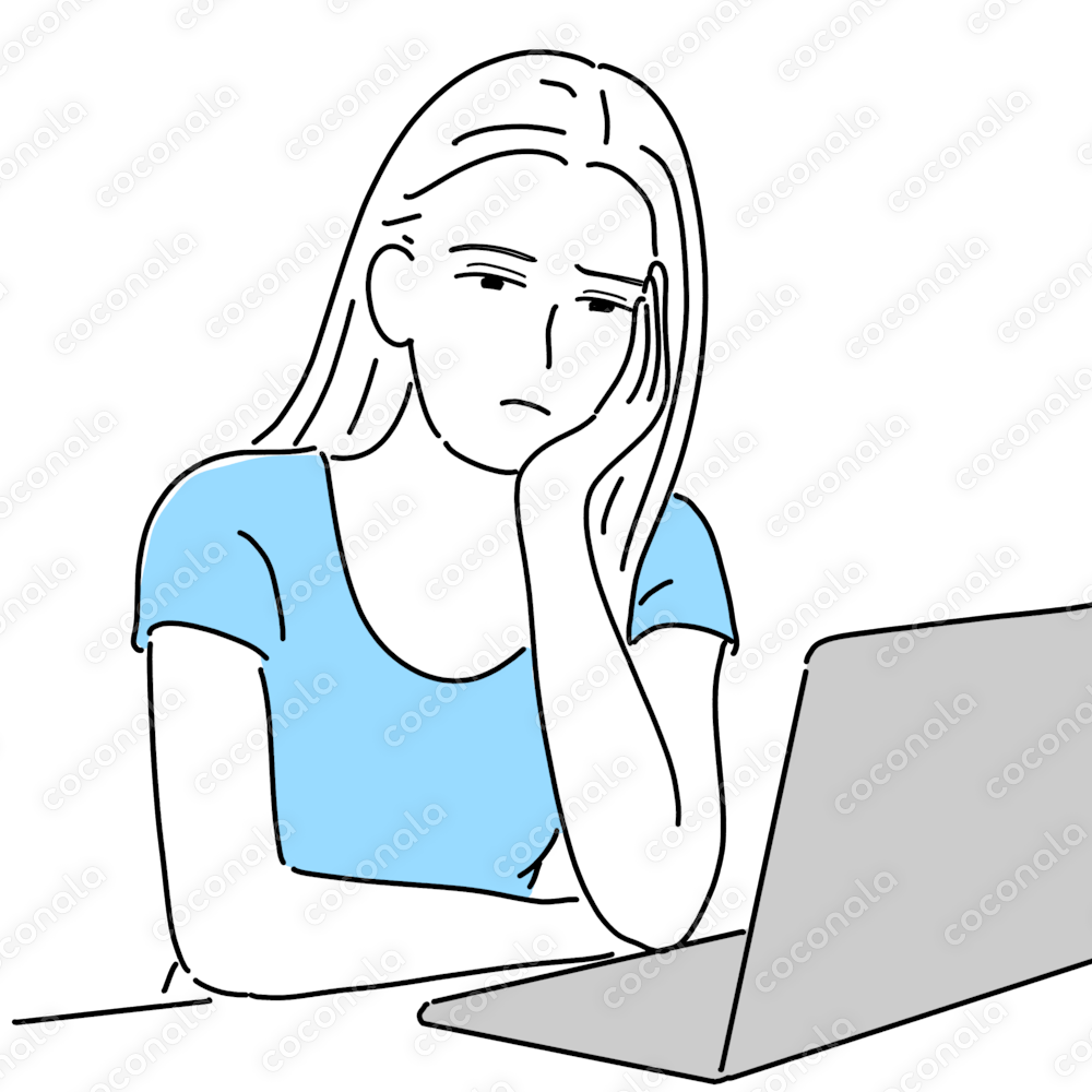ネット副業に悩む女性｜在宅ワーク・副業ストレスのイメージ素材【商用利用OK・PNG】