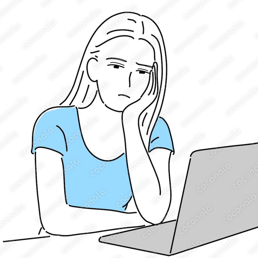 ネット副業に悩む女性｜在宅ワーク・副業ストレスのイメージ素材【商用利用OK・JPG】