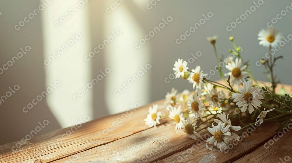 背景に使える花と木のテーブル写真素材（商用可）