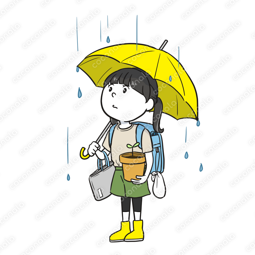雨の日にたくさんの荷物を持つ小学生（肌色白）