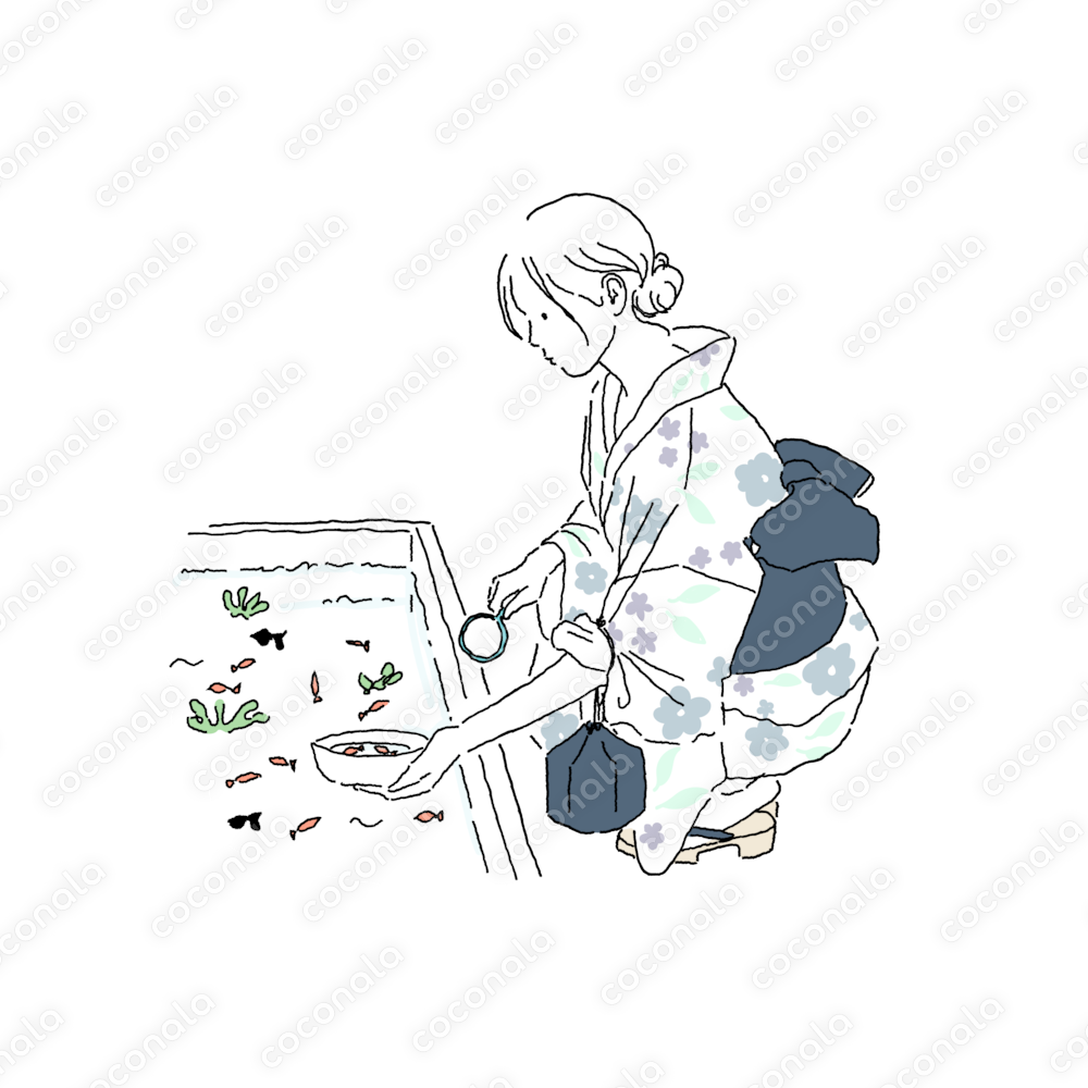 金魚すくいをする女性（カラー背景透過pngデータ）