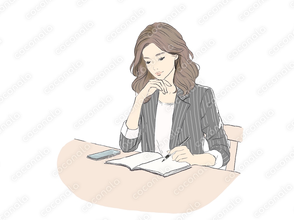 	ビジネスシーンで考え事をする女性のイラスト（カジュアルオフィス）