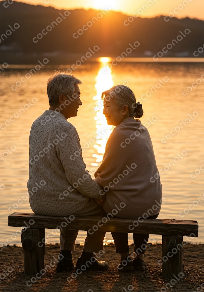 シニアカップル, 夕日, 湖畔, 手をつなぐ, 穏やか