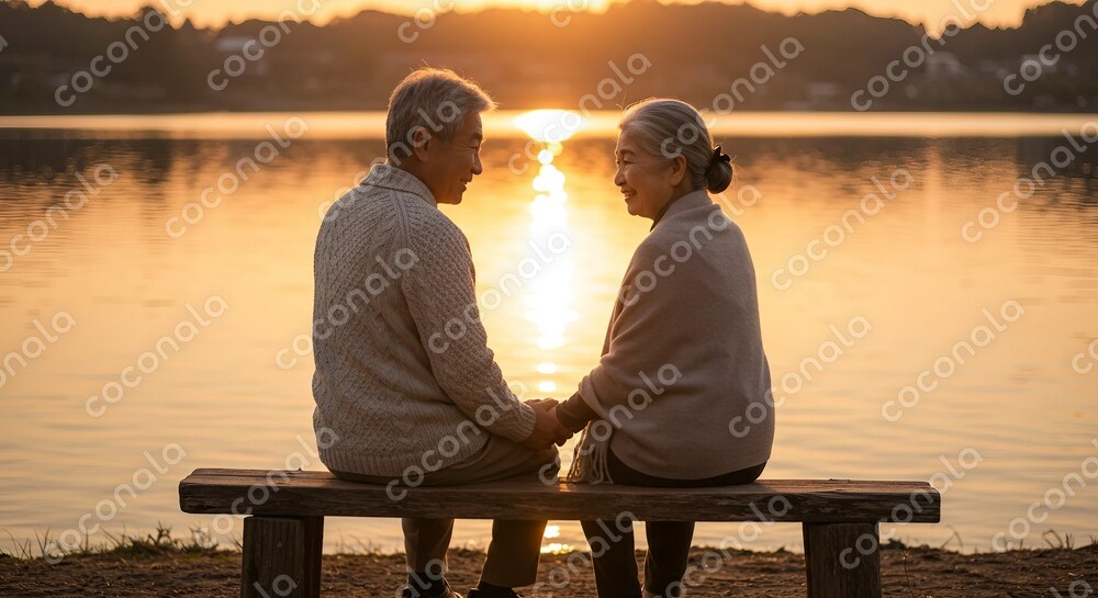 シニアカップル, 夕日, 湖畔, 手をつなぐ, 穏やか