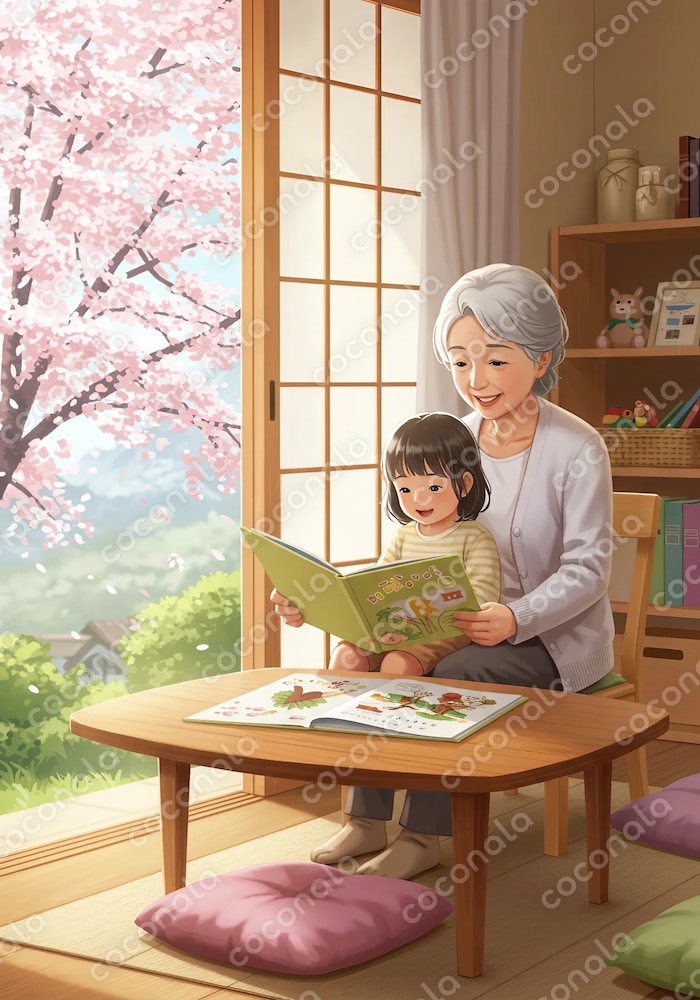 祖母と孫, 読み聞かせ, 春, 家の中, 桜