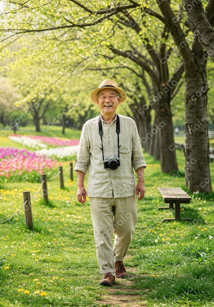 シニア男性, 散歩, 春の公園, カメラ, リラックス