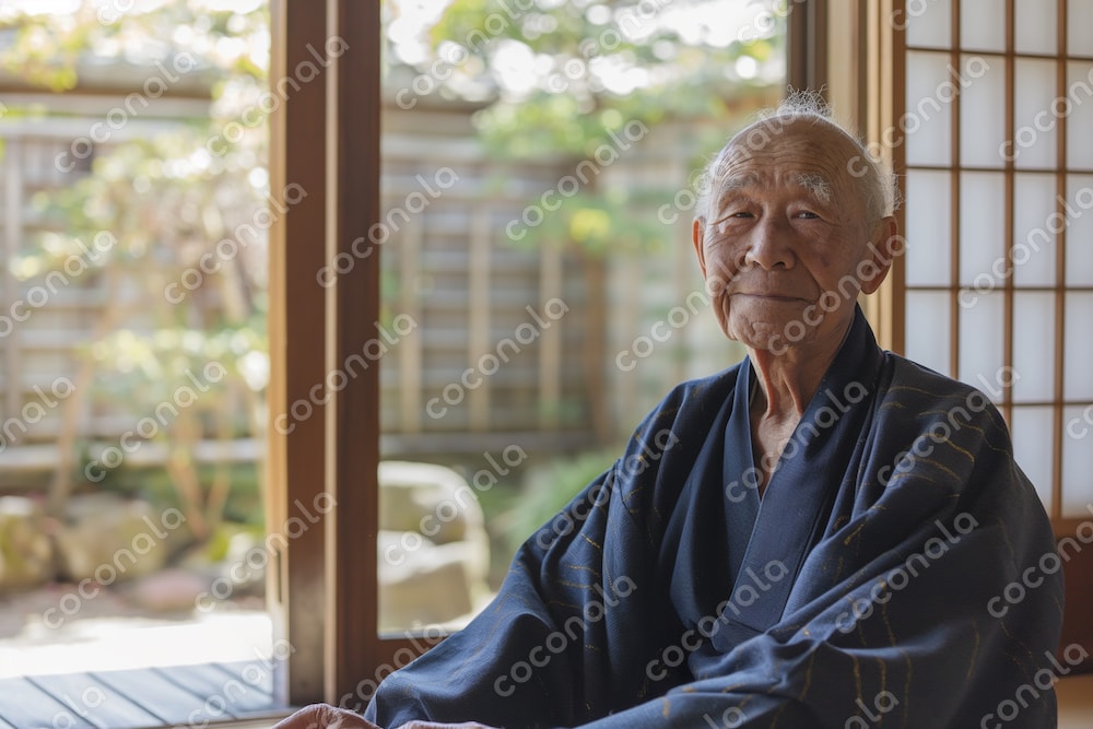 畳の和室で穏やかに過ごす高齢男性の生活風景