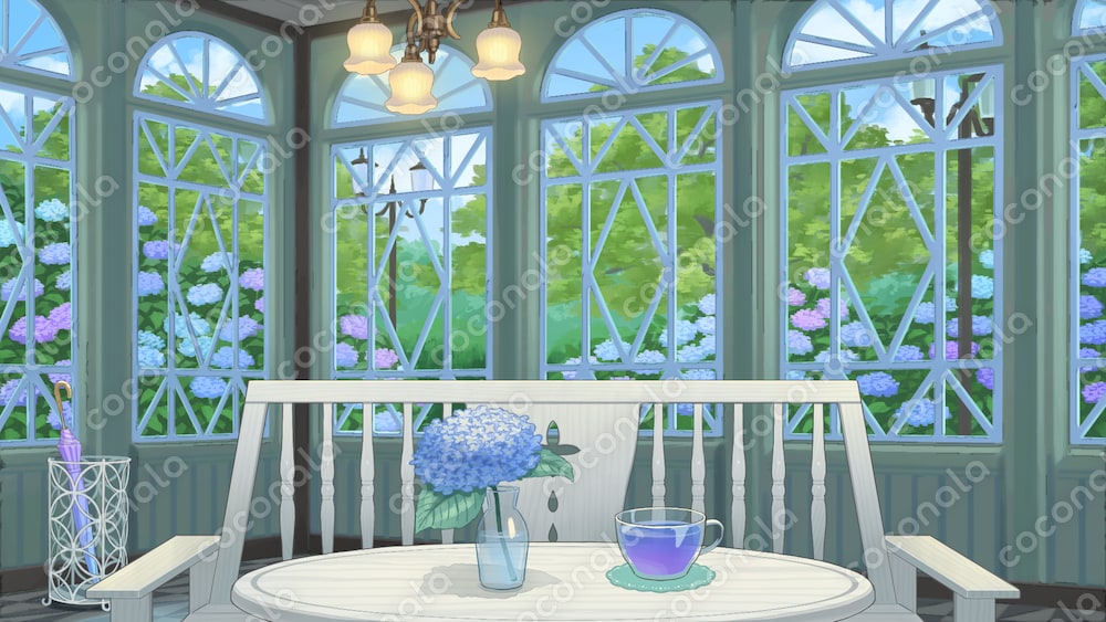 【配信部屋背景素材】*梅雨の時期に*紫陽花の見えるレトロなサンルーム