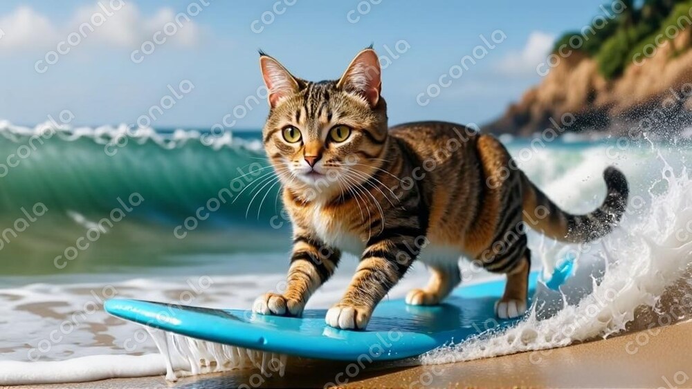 ねこがサーフィン