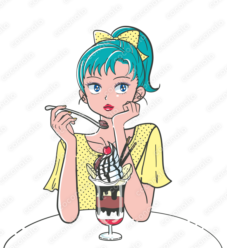80～90年代漫画アニメ風イラスト-パフェを食べるポニーテール女子-