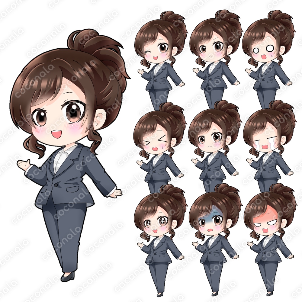 ミニキャラ立ち絵スーツ女性表情10点セット