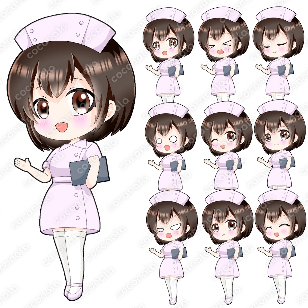ミニキャラ立ち絵看護師女性表情10点セット