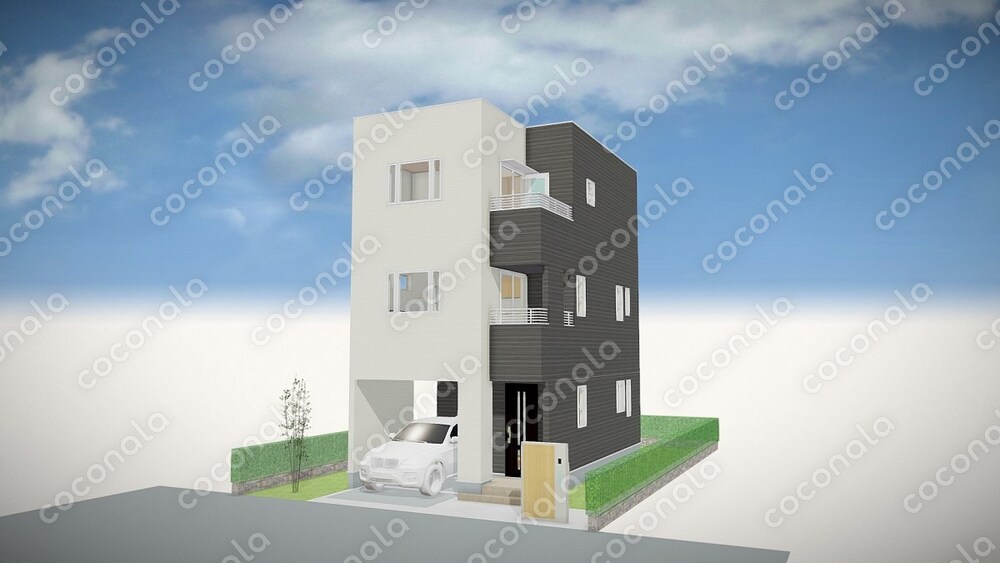 建物脇に奥行のあるバルコニーがある３階建て
