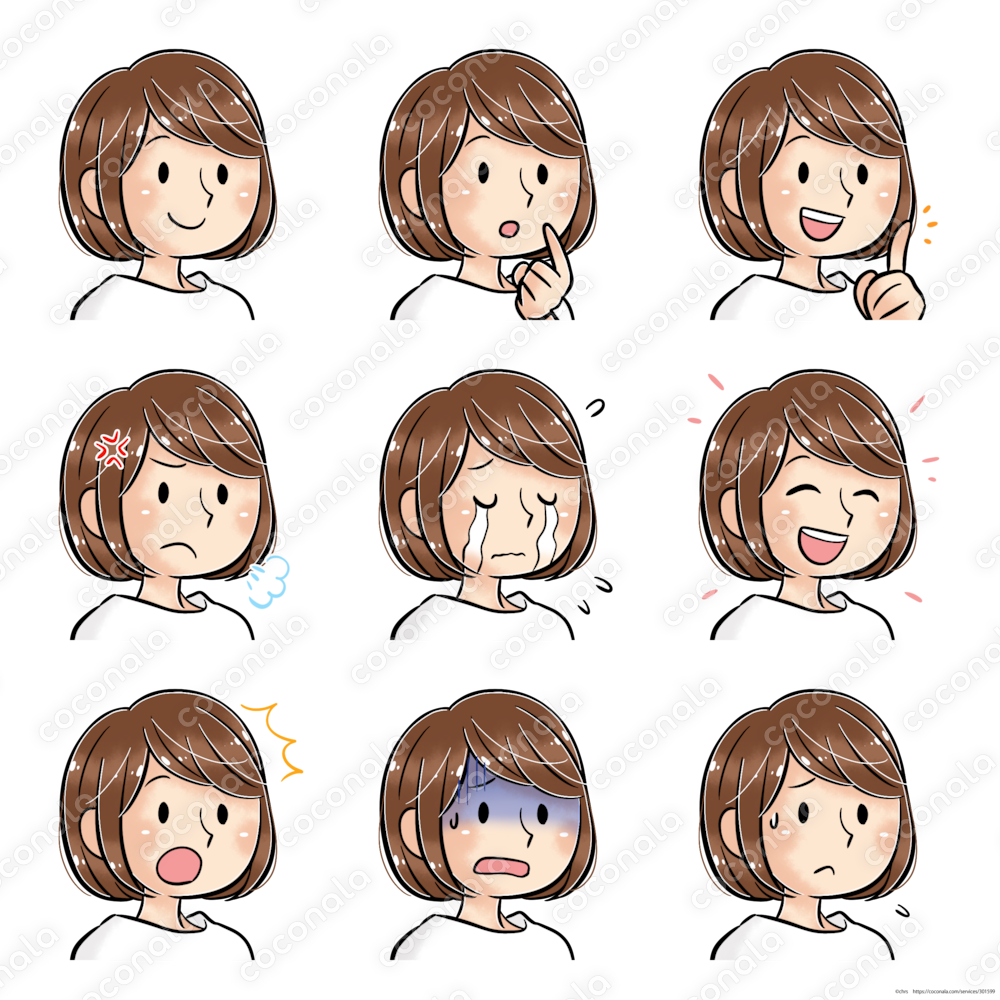ブログやYouTubeに！表情ちがいのアイコン９点セット／女性１