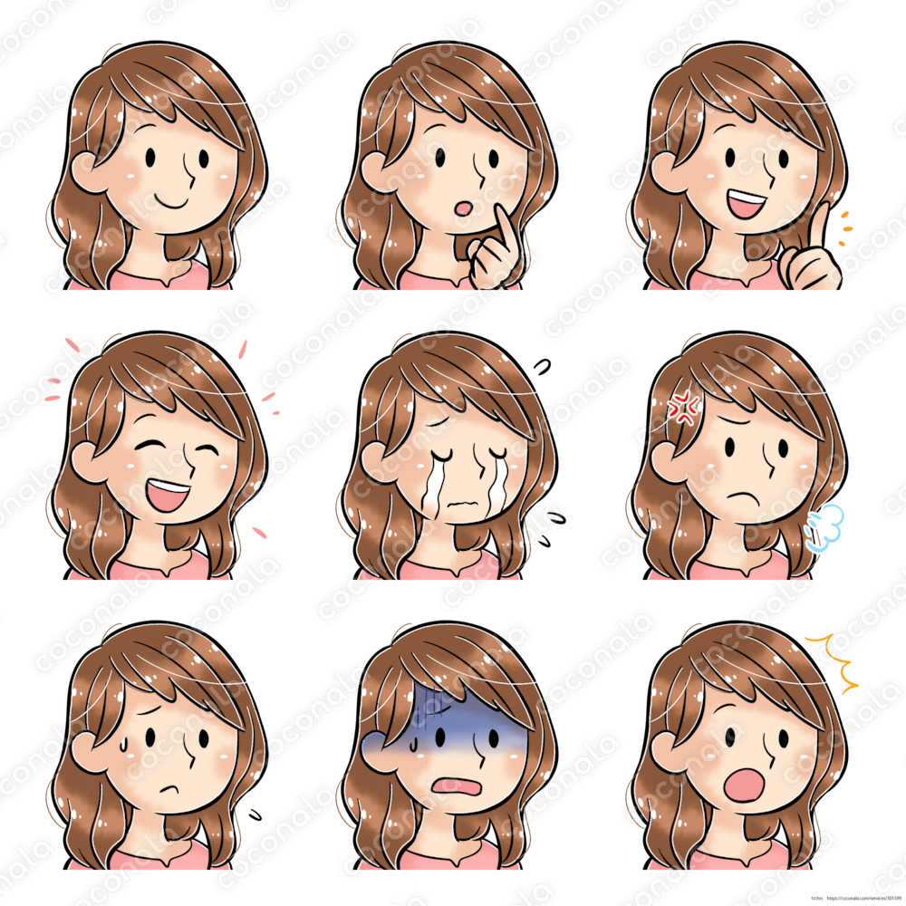 ブログやYouTubeに！表情ちがいのアイコン９点セット／女性３