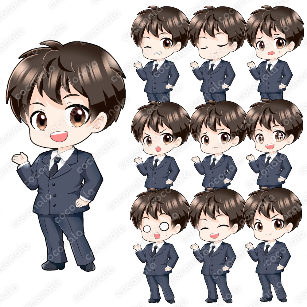 ミニキャラ立ち絵スーツ男性表情10点セット