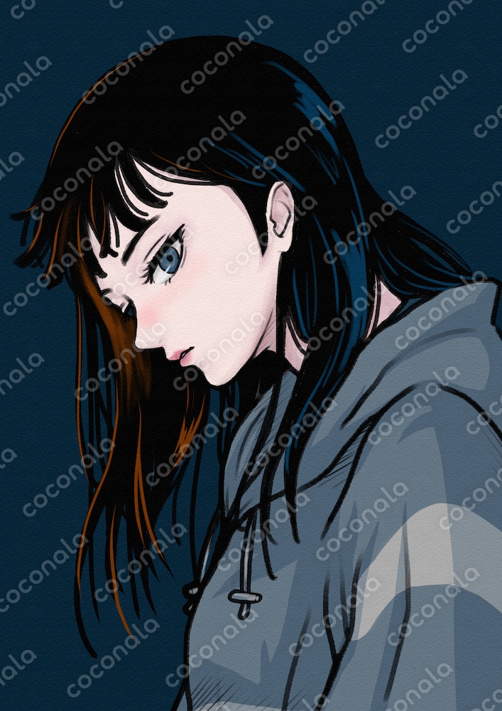 アイコン　イラスト　フード付きパーカーを着た 黒髪ロング　女の子　かっこいい　一枚絵