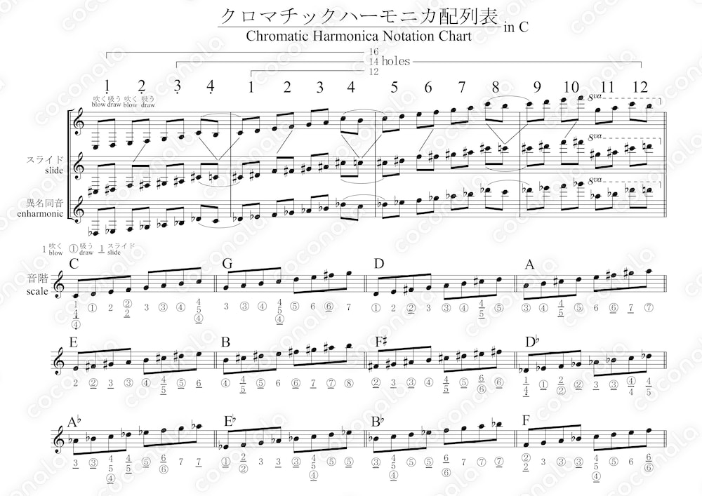 クロマチックハーモニカ配列表