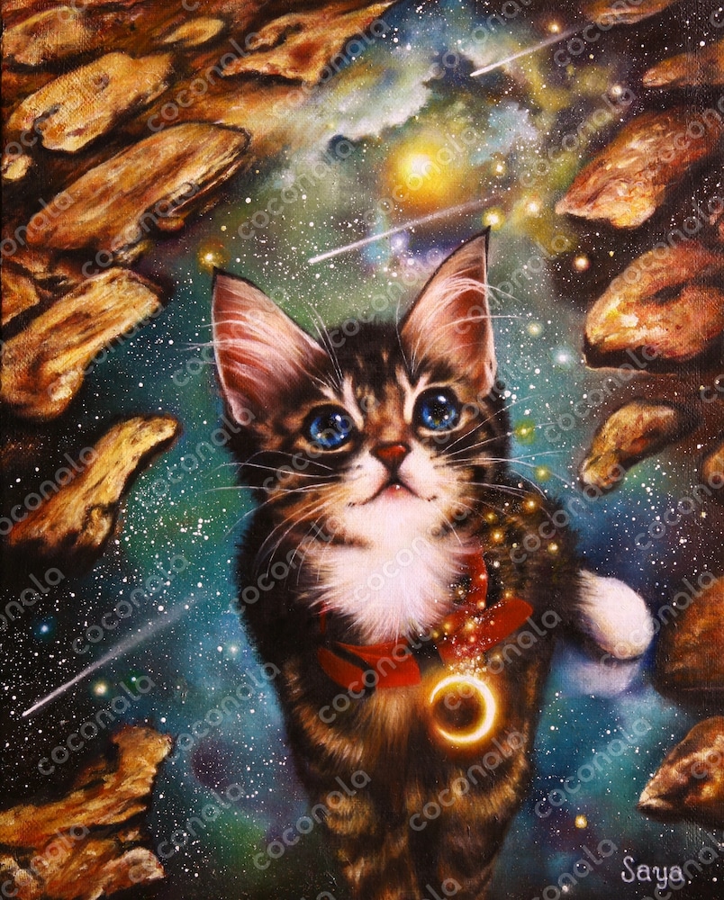 油彩画【この月を夜空へ】〜KITTEN'S WISH〜