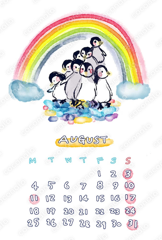 8月のカレンダー＊虹とペンギンの水彩イラスト（ポストカードサイズ）