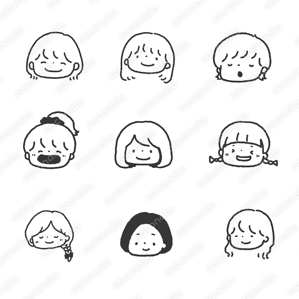 いろんな髪型の女の子線画イラスト(アイコンにも使用可！)