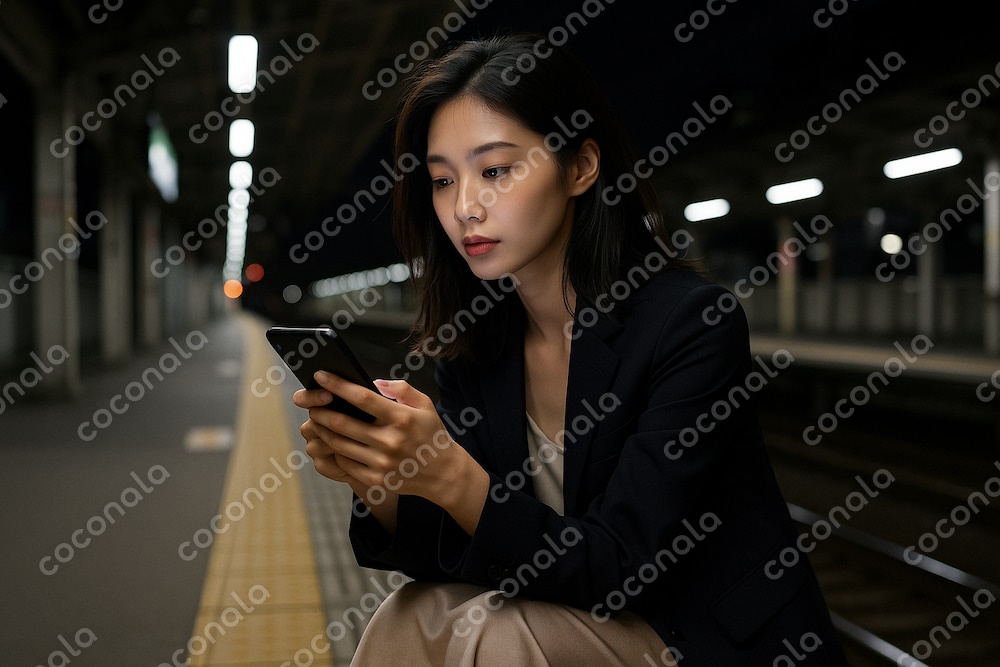 終電を逃してスマホを見ている女性