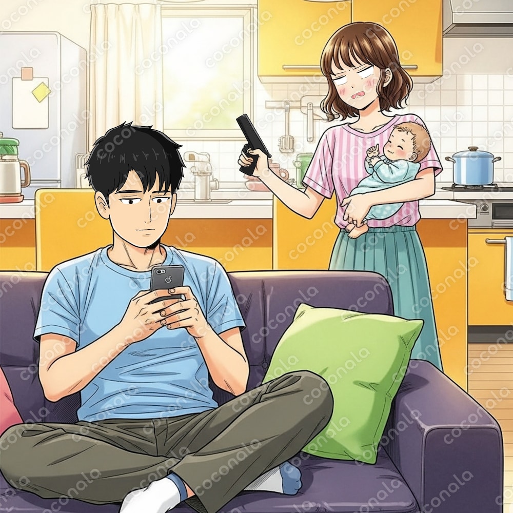 スマホに夢中な夫と、赤ん坊を抱えて怒る妻の風刺イラスト｜家事育児の不均衡を描く一枚【商用利用OK】