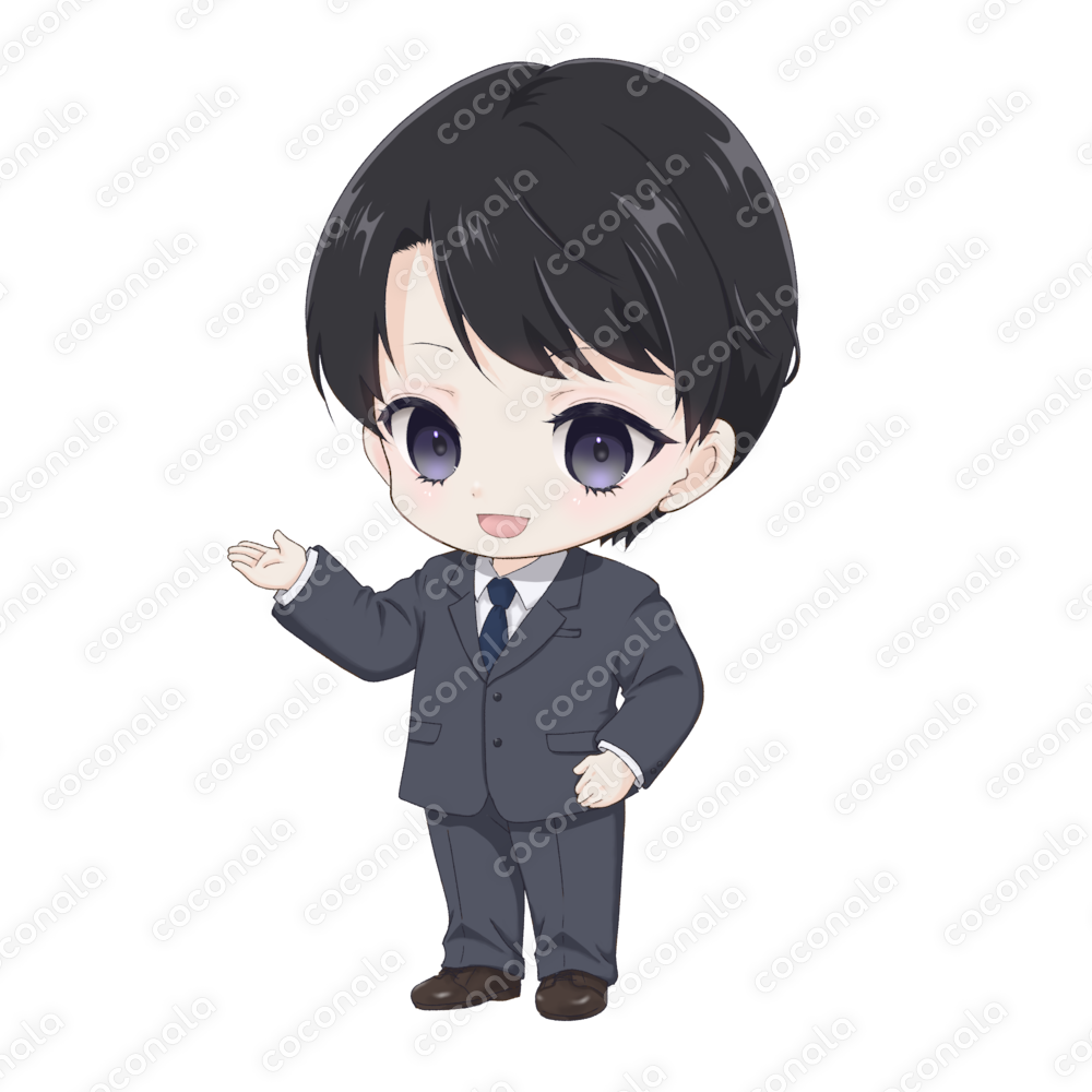 【背景透過】ビジネスでも個人でも使いやすい、男性ミニキャライラスト素材！(手で案内している)