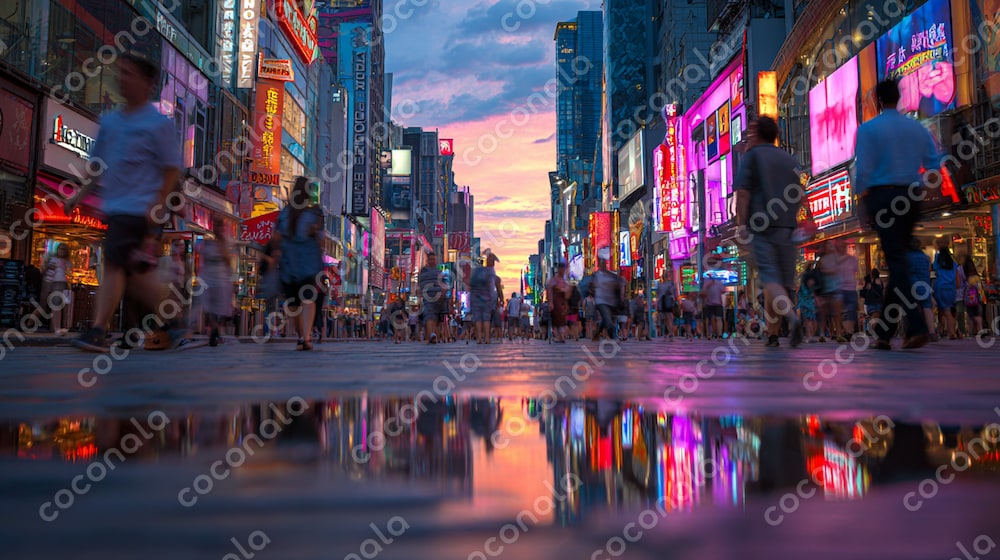 ネオン煌めく都市の夕暮れ｜商用利用OKの街景AI画像