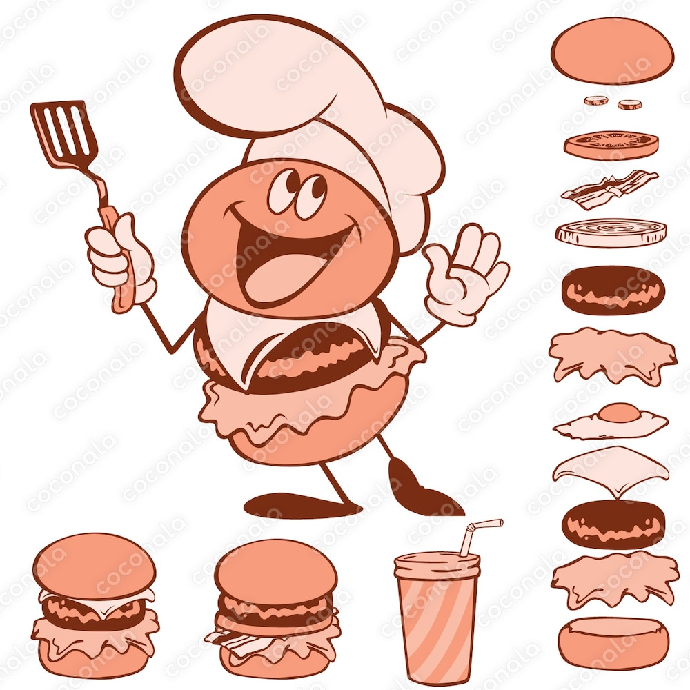 レトロカートゥーン調のハンバーガーのイラスト(シェフ)