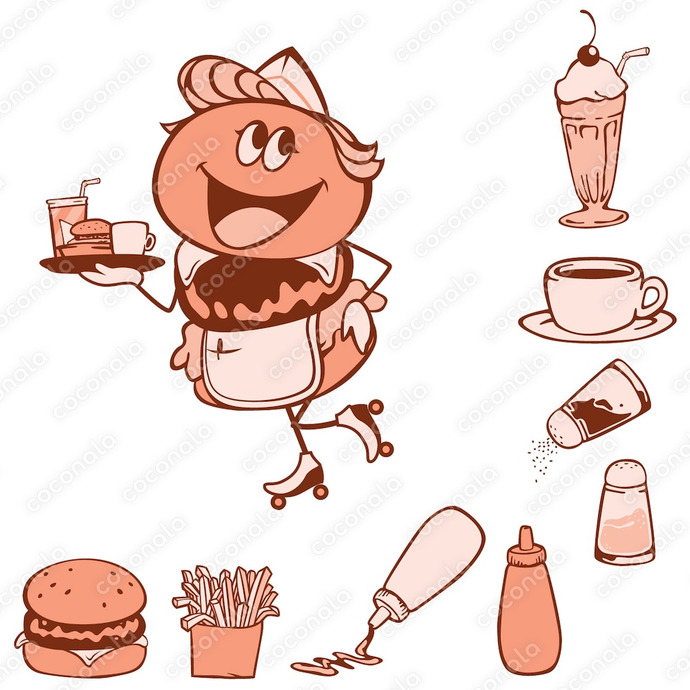 レトロカートゥーン調のハンバーガーのイラスト(女性)